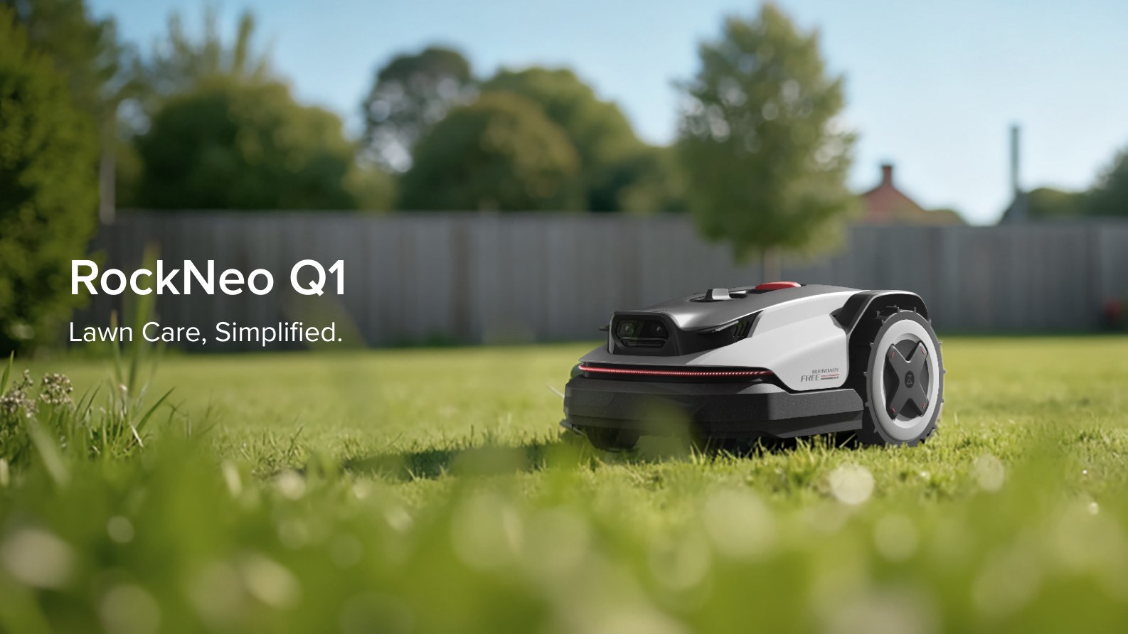 Roborock RockNeo robot lawn mower shown working beside a garden path