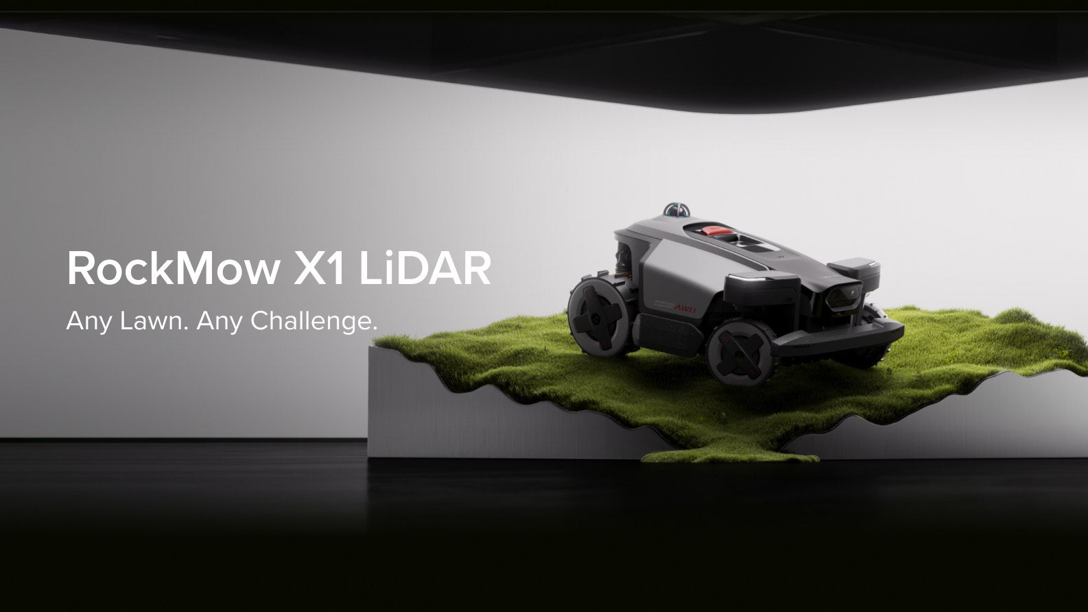 Roborock four-wheel-drive RockMow LiDAR mower on a sloped lawn